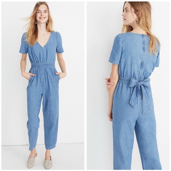 NWT Madewell Denim Chambray Puff Sleeve Tapered‎ Tie Waist Linen Blend Jumpsuit - Picture 1 of 6